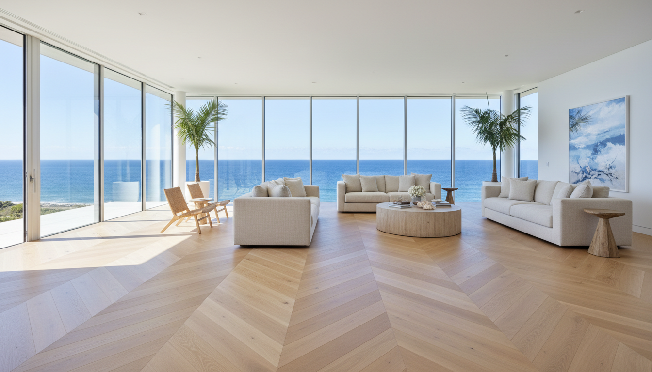 Chevron Parquet Flooring with Ocean Views - Light Natural Oak