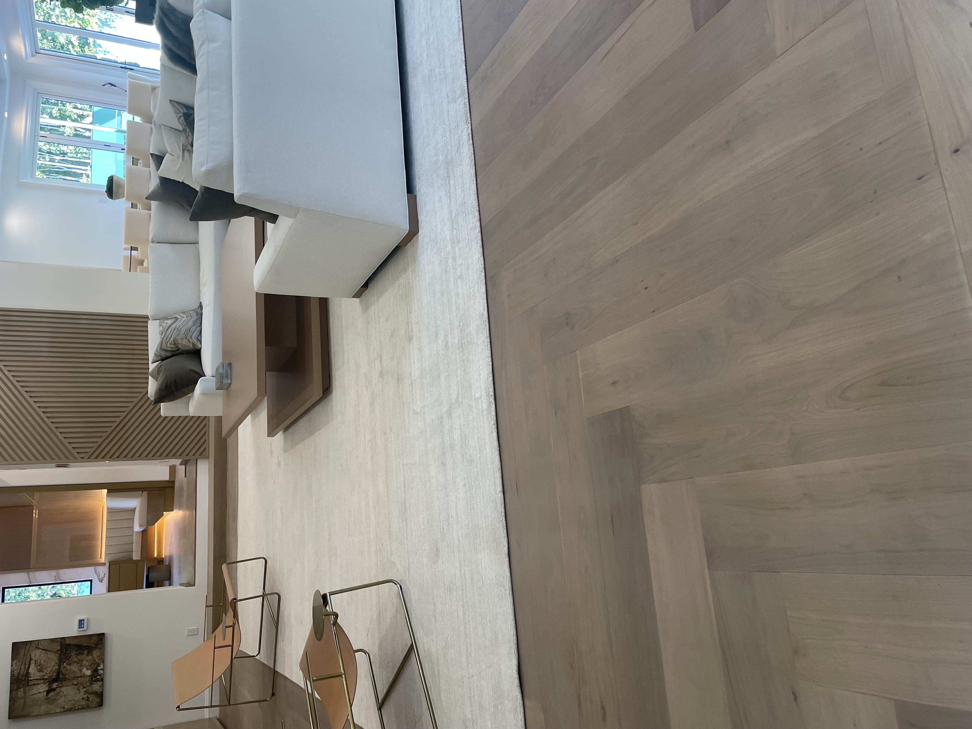 Custom Chevron Parquet Hardwood Flooring Installation - Modern Family Room Los Angeles