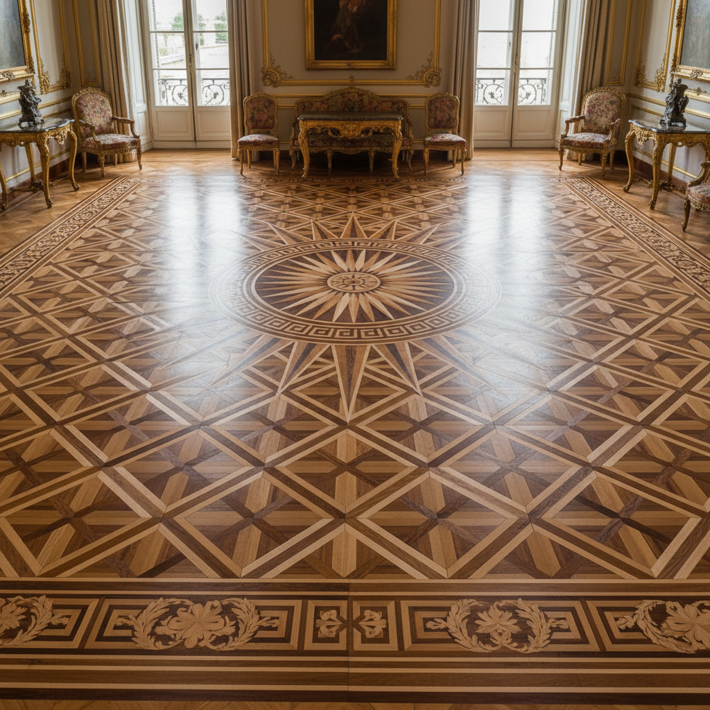 Palace Parquet Flooring - Ornate European Medallion Design with Radiating Sunburst Pattern